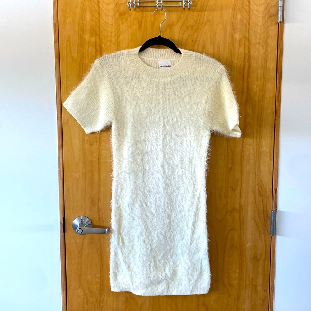 Better Be White Fuzzy Knit Sweater Dress, Medium